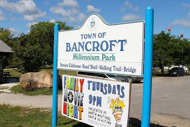 Sign for the Town of Bancroft at Millennium Park, representing the local community where a public art project is proposed.